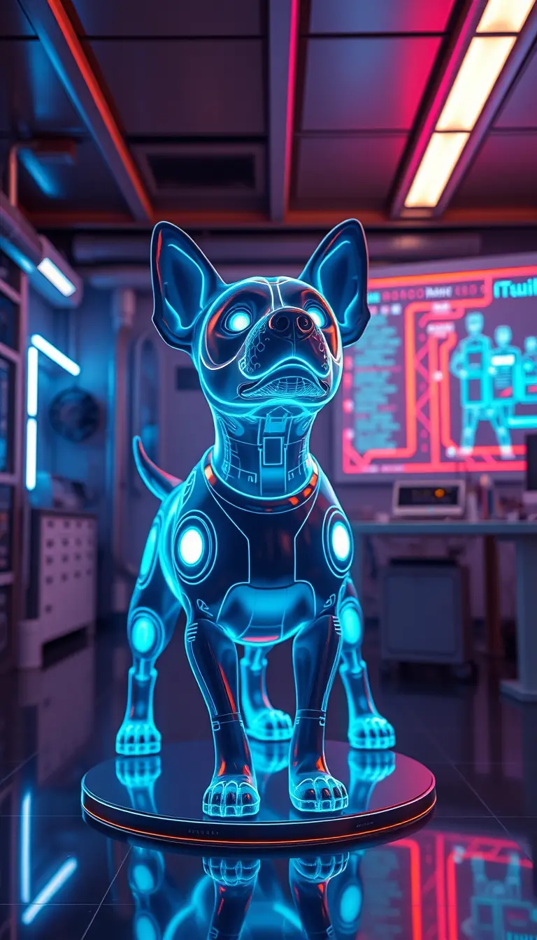 Virtual holographic dog companion in futuristic science lab