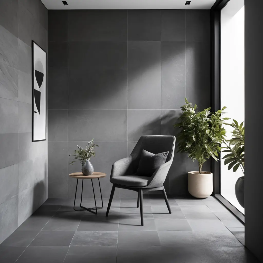Calm modern interior with woman seated on sleek chair
