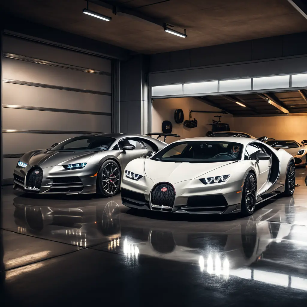 Luxury supercars parked in a dimly lit garage