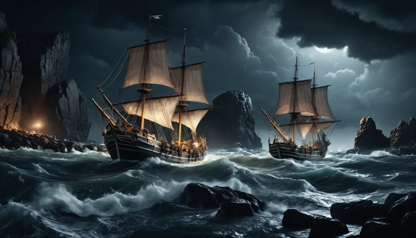 Stormy Night Sailing Ship Crashing Against Coastal Rocks