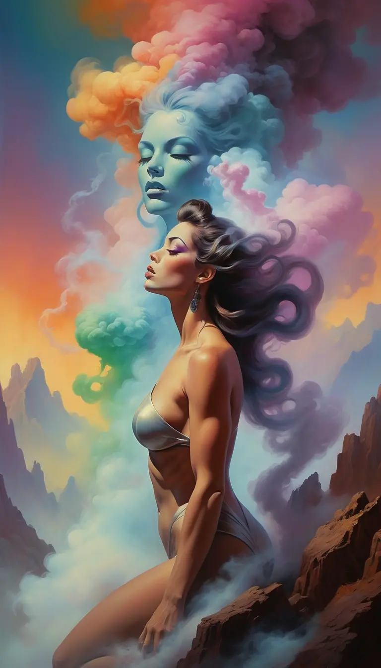 Goddess Exhaling Glowing Rainbow Smoke In Dark Fantasy