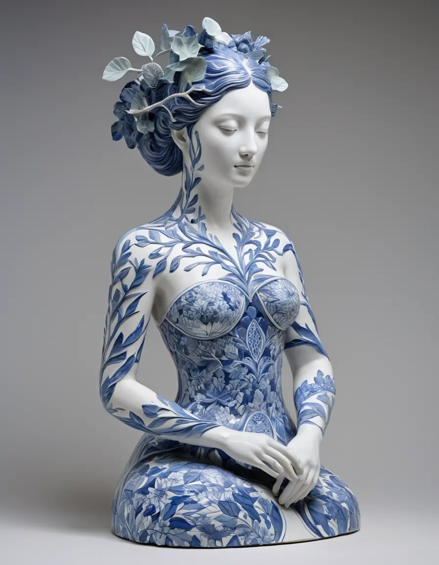 Porcelain inspired female sculpture fused with organic nature