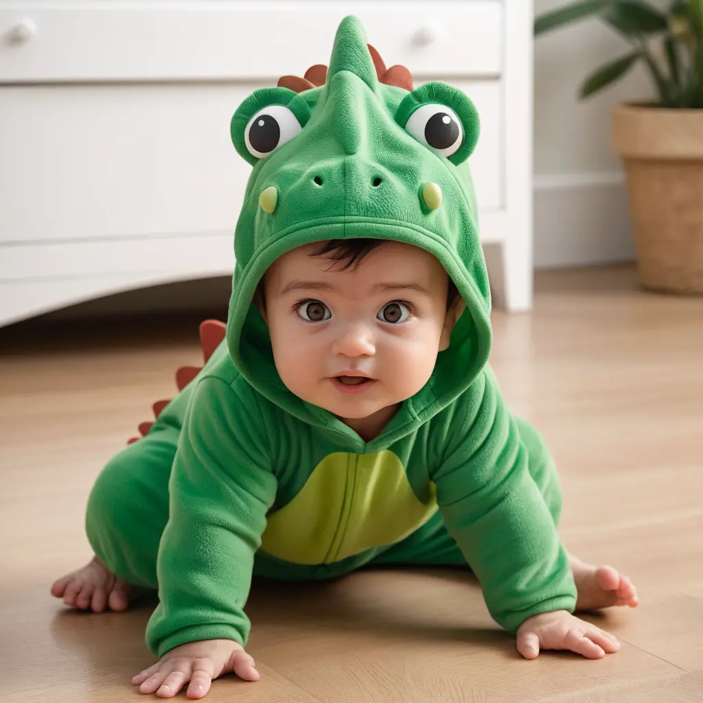 Cute baby in green dinosaur costume in classic cartoon style