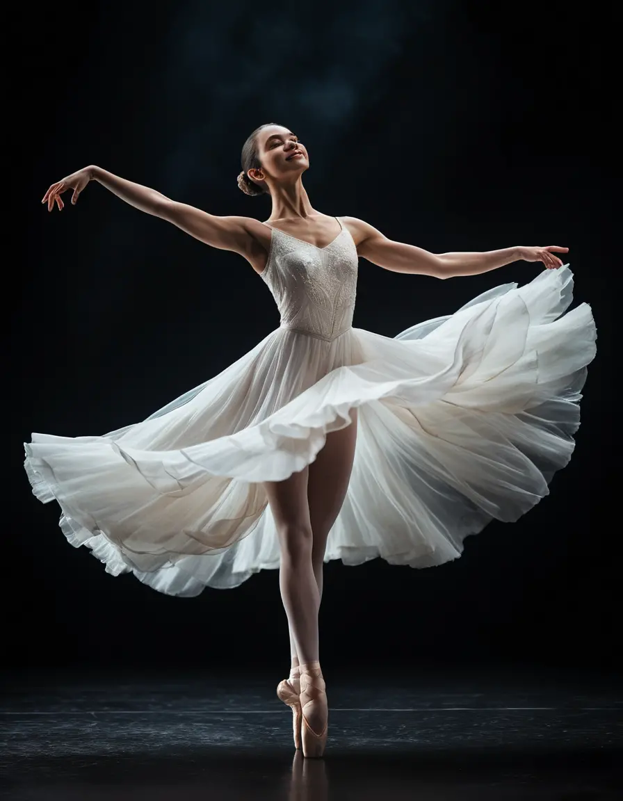 Graceful ballerina in flowing white dress on dark stage