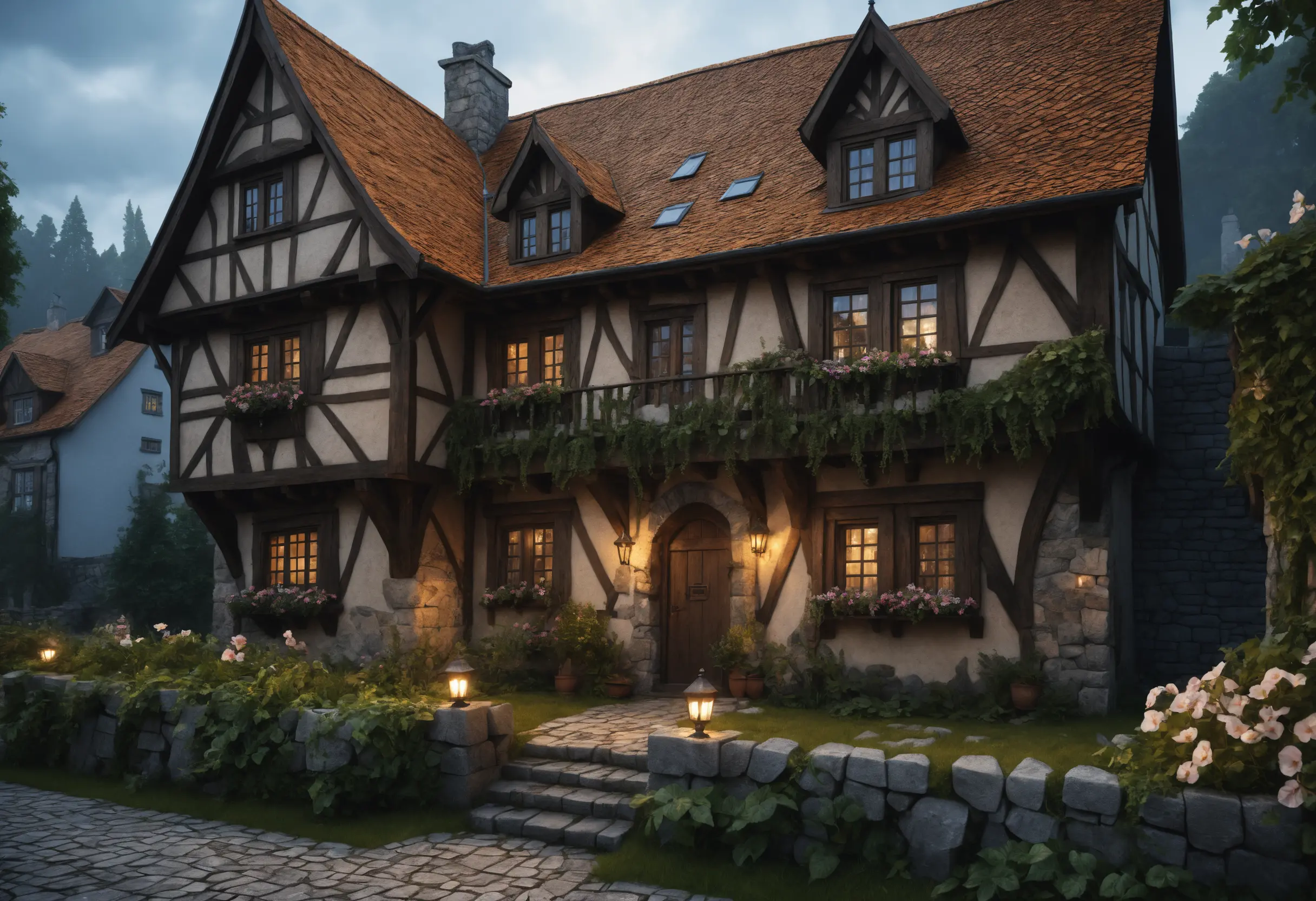 Medieval fantasy stone house at night with forest garden