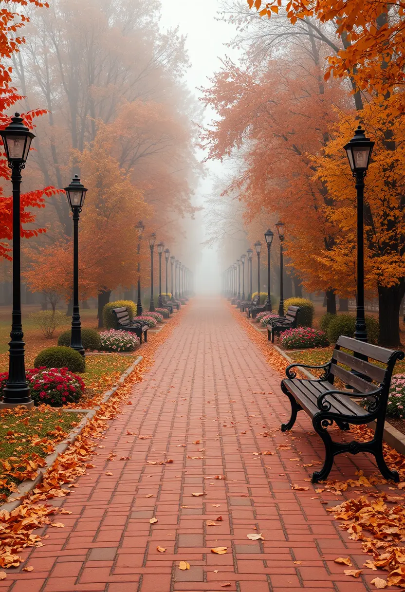 Autumn park pathway fading into mist with empty benches