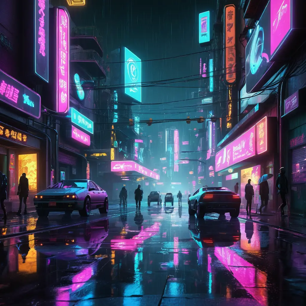 Neon lit cyberpunk city street with flying cars