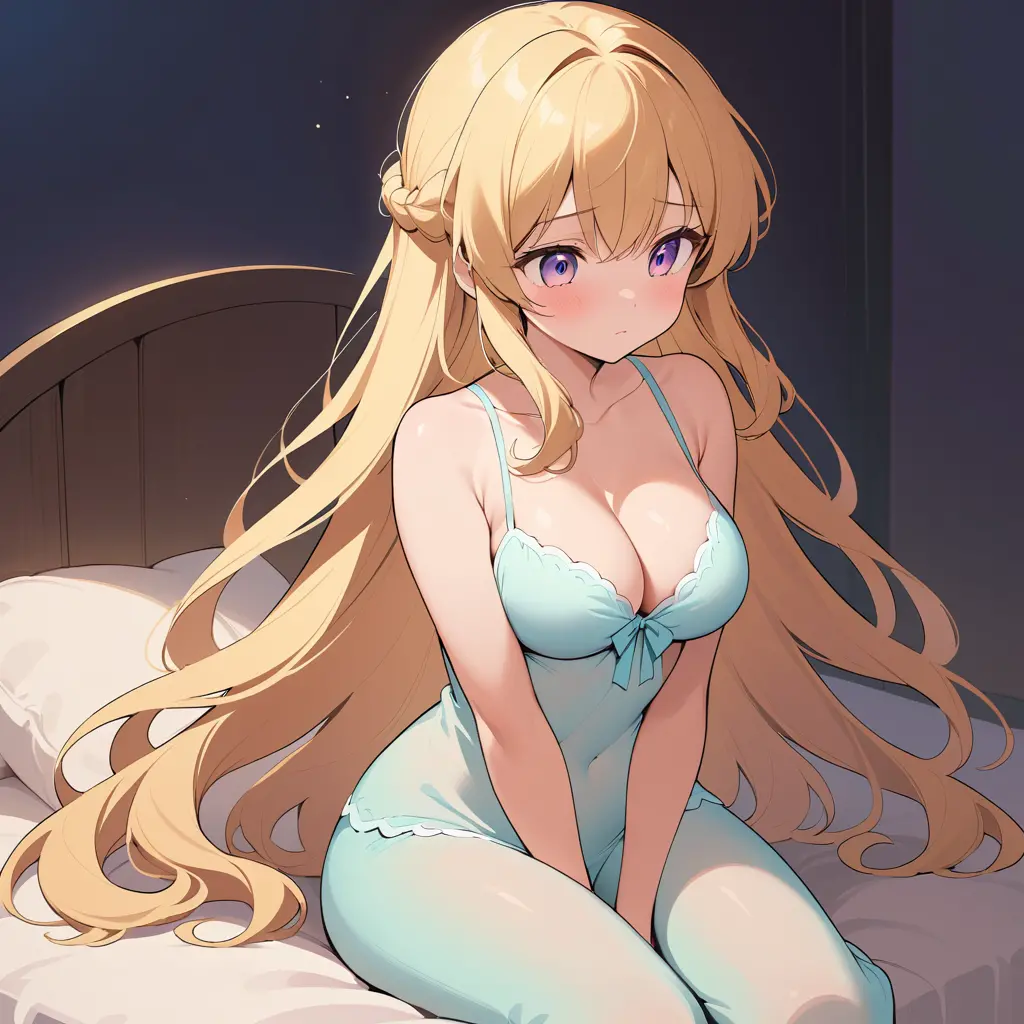 Shy anime girl sitting on a plush bed in pastel sleepwear