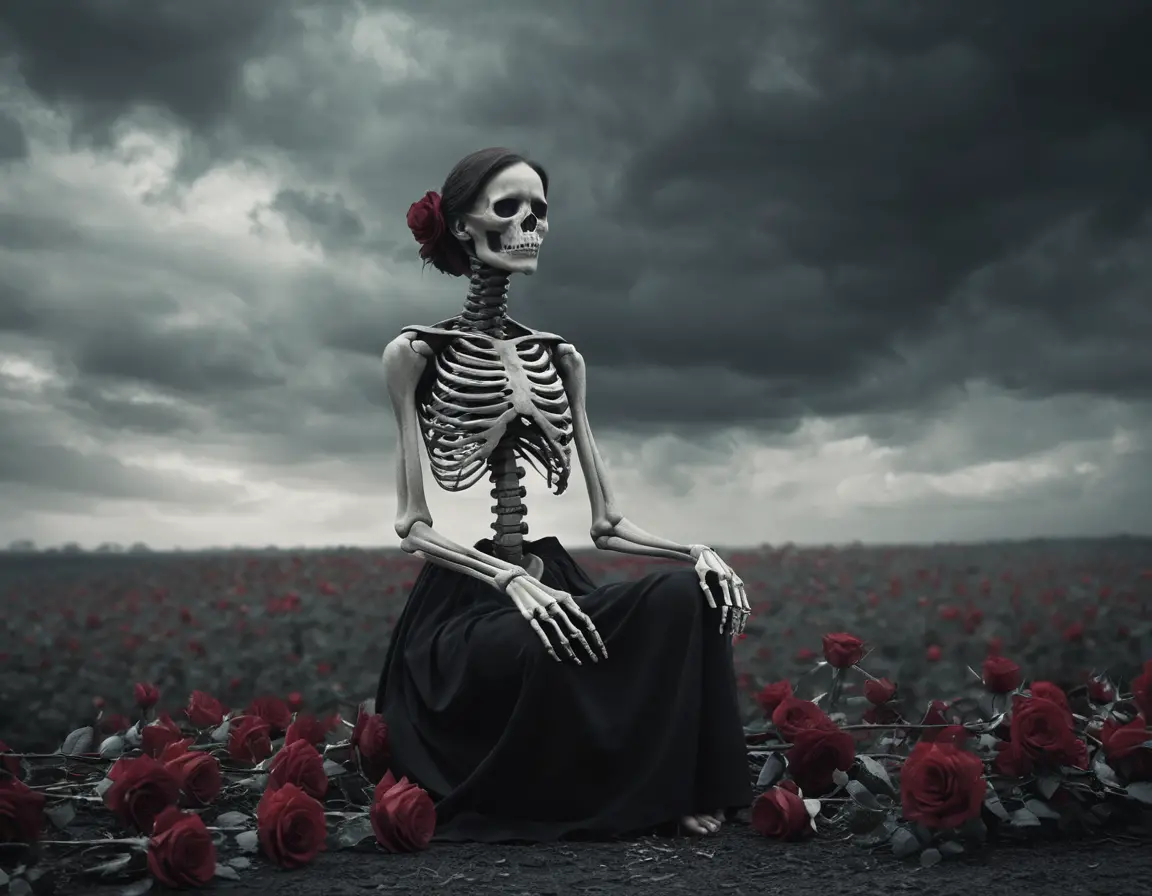 Woman and skeletal figure in a moody outdoor scene
