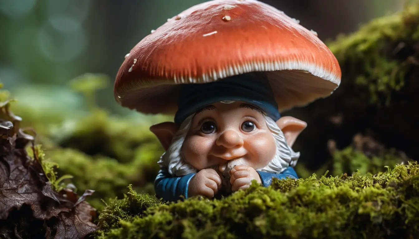 Little gnome hiding behind a forest mushroom close up