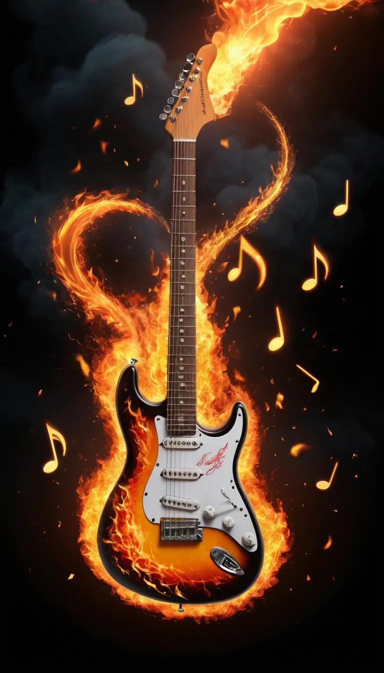 Flaming electric guitar postcard with flying musical notes