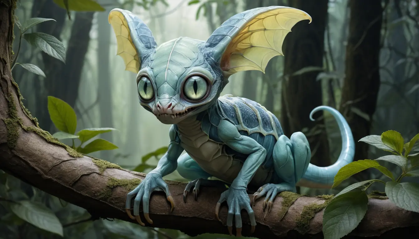 Mint skinned fantasy creature hiding among forest leaves
