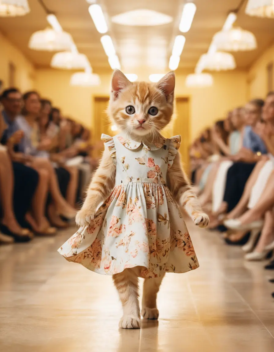 Cinematic kitten in floral dress on fashion runway