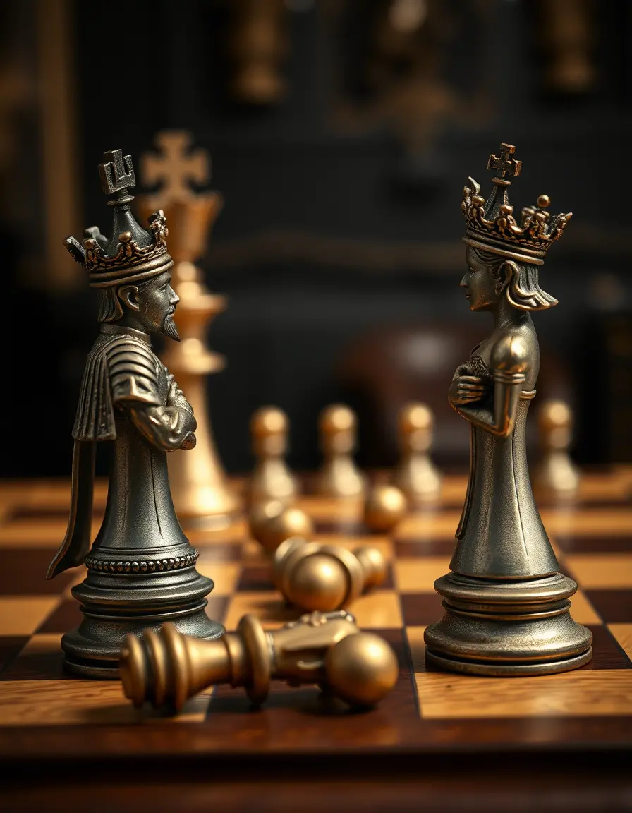Metal chess king and queen facing each other on board
