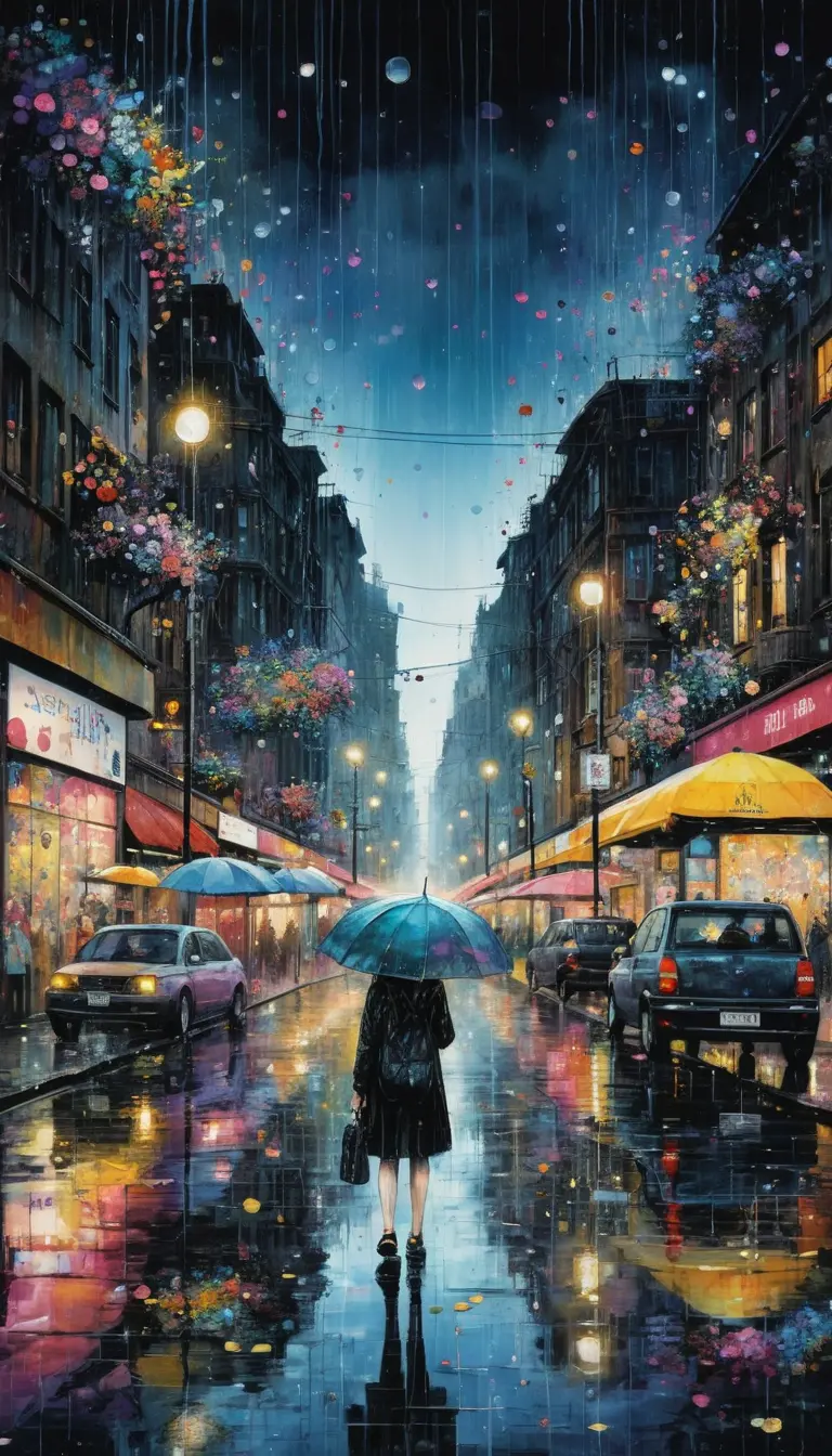 Rain of flowers over a glowing fantasy night city