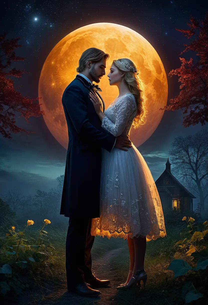 Loving couple in moonlit fog within alchemical laboratory