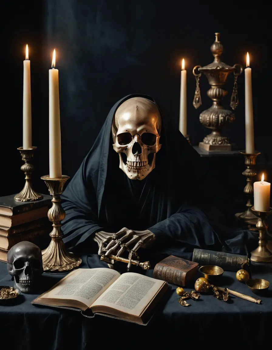 Eerie still life painting with skull and candlelit table