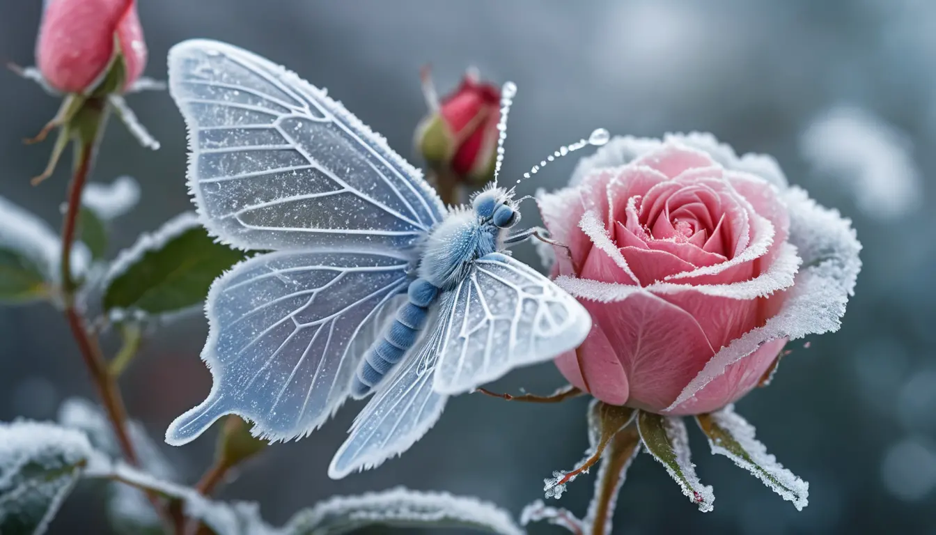 Ice butterfly maiden flying above frosted rose