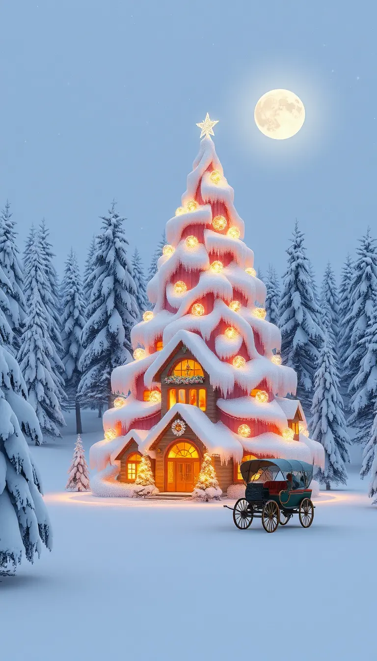 Christmas tree shaped house in snowy fantasy landscape