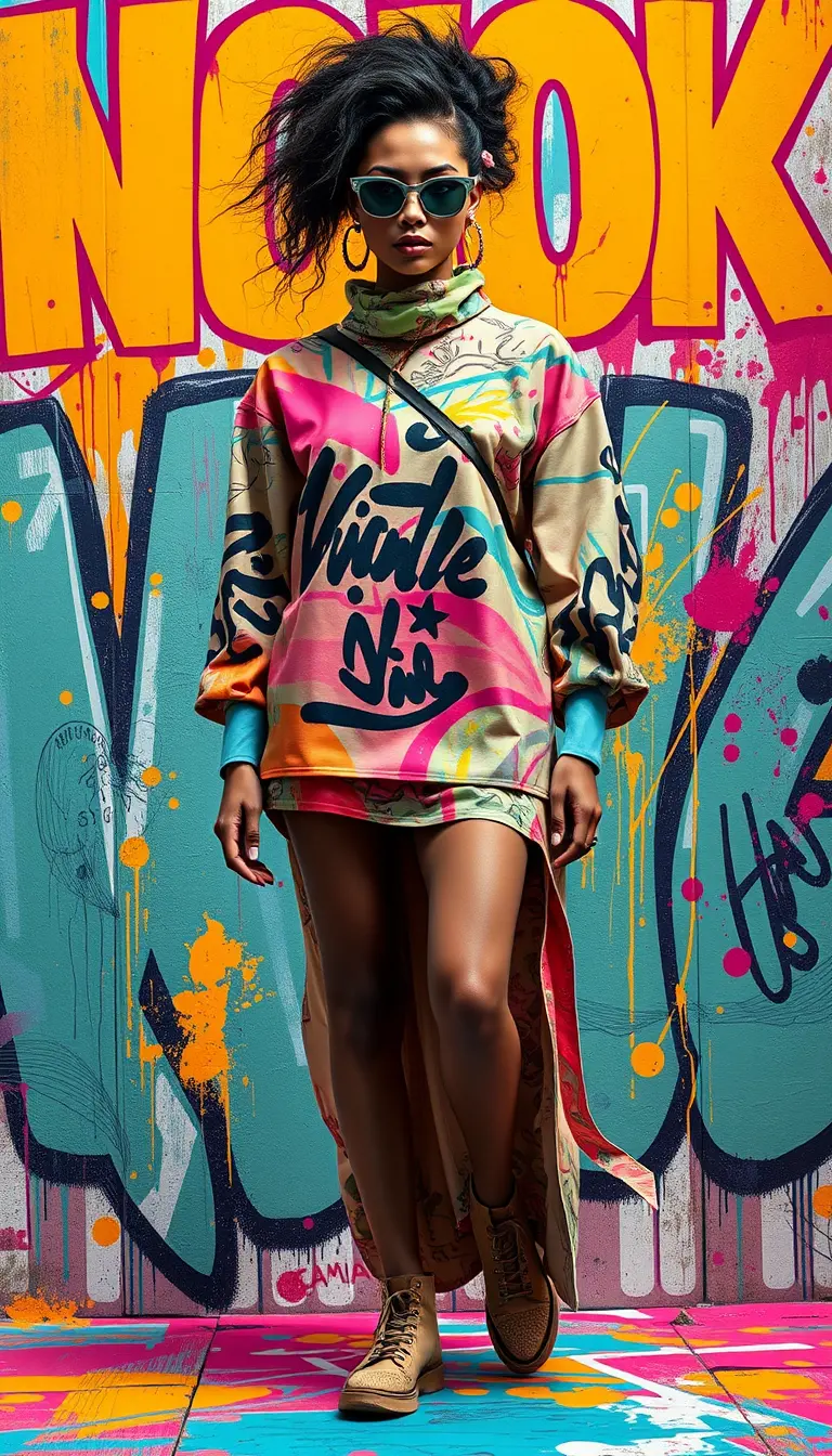 High fashion woman in vibrant abstract graffiti art