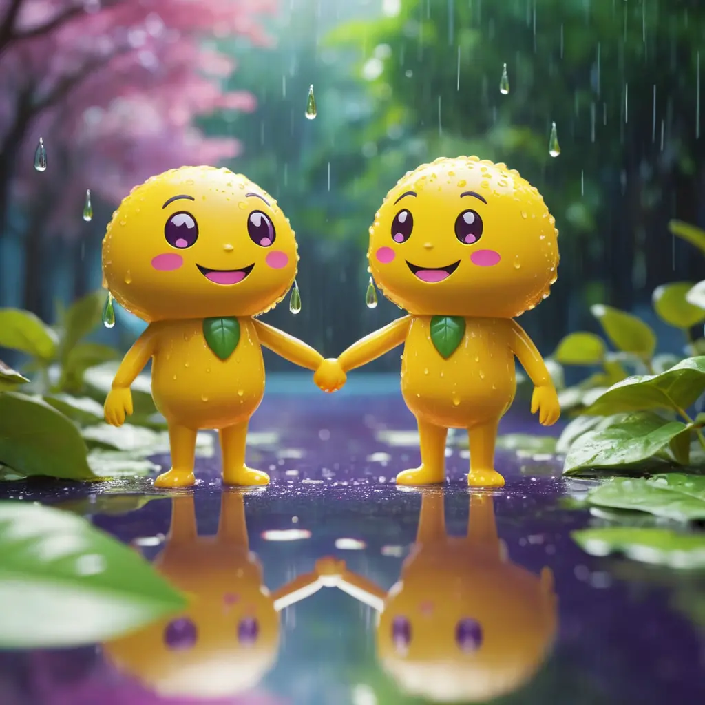 Cute 3D emoji characters holding hands in the rain