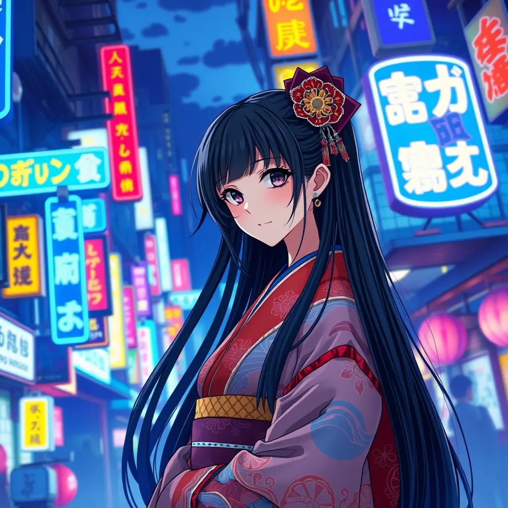 Anime geisha girl in neon lit tokyo cityscape