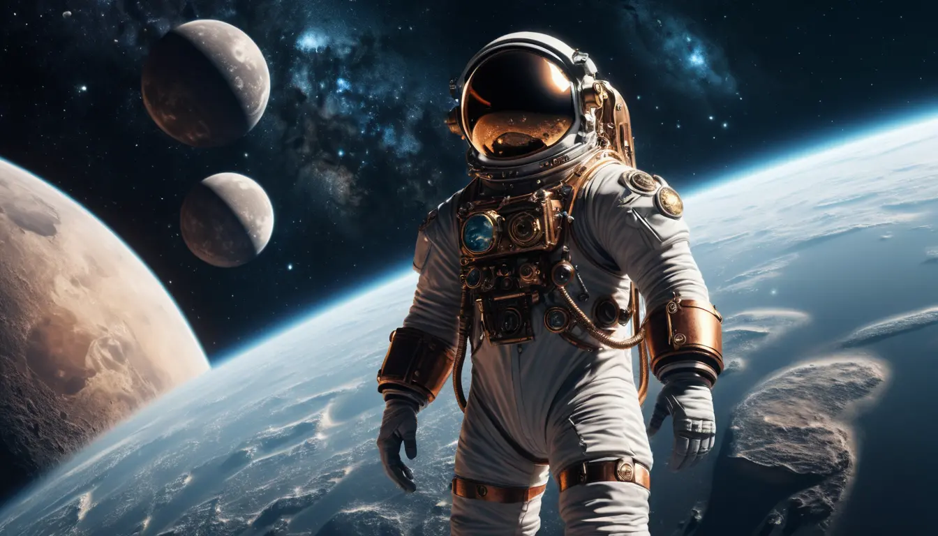 Lone steampunk astronaut drifting in vast star filled space