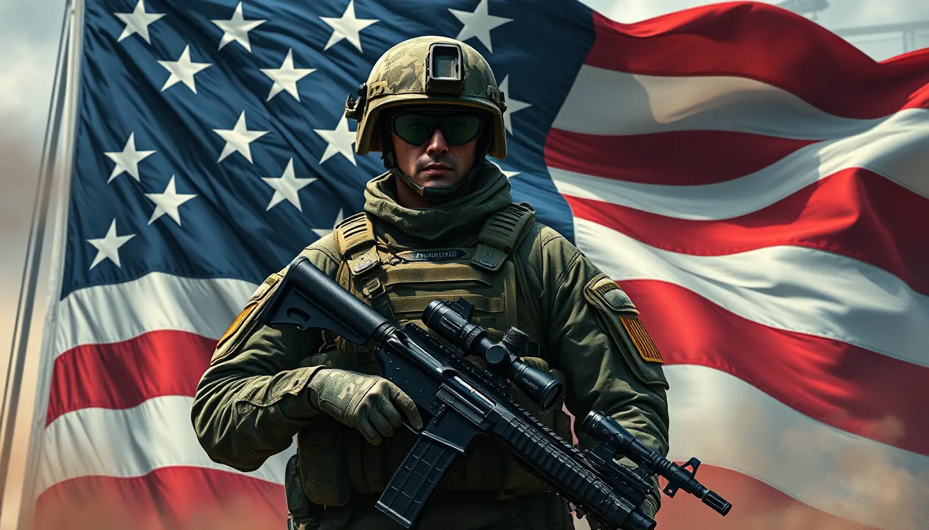 Army special forces soldier before american flag in fantasy art