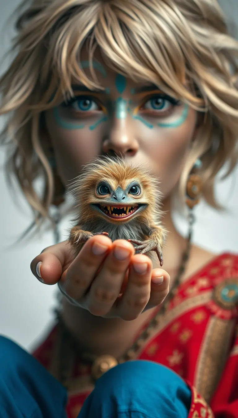 Close up portrait of a woman with blue face paint