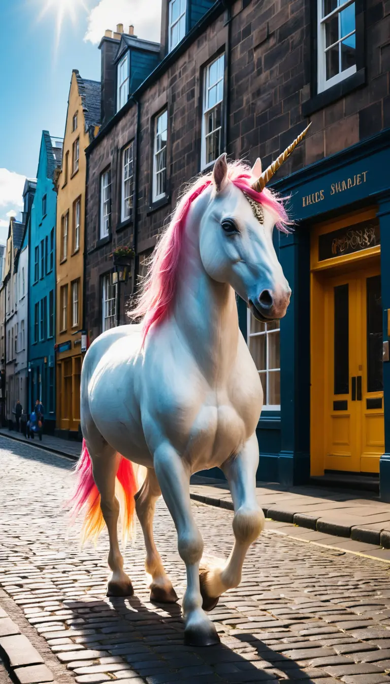 Majestic unicorn on a historic Edinburgh city street