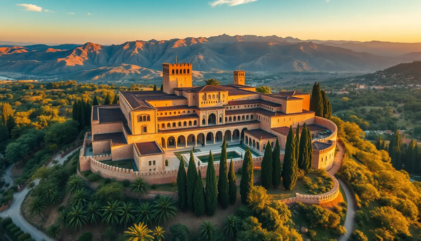 Aerial view of a majestic hilltop palace at sunset