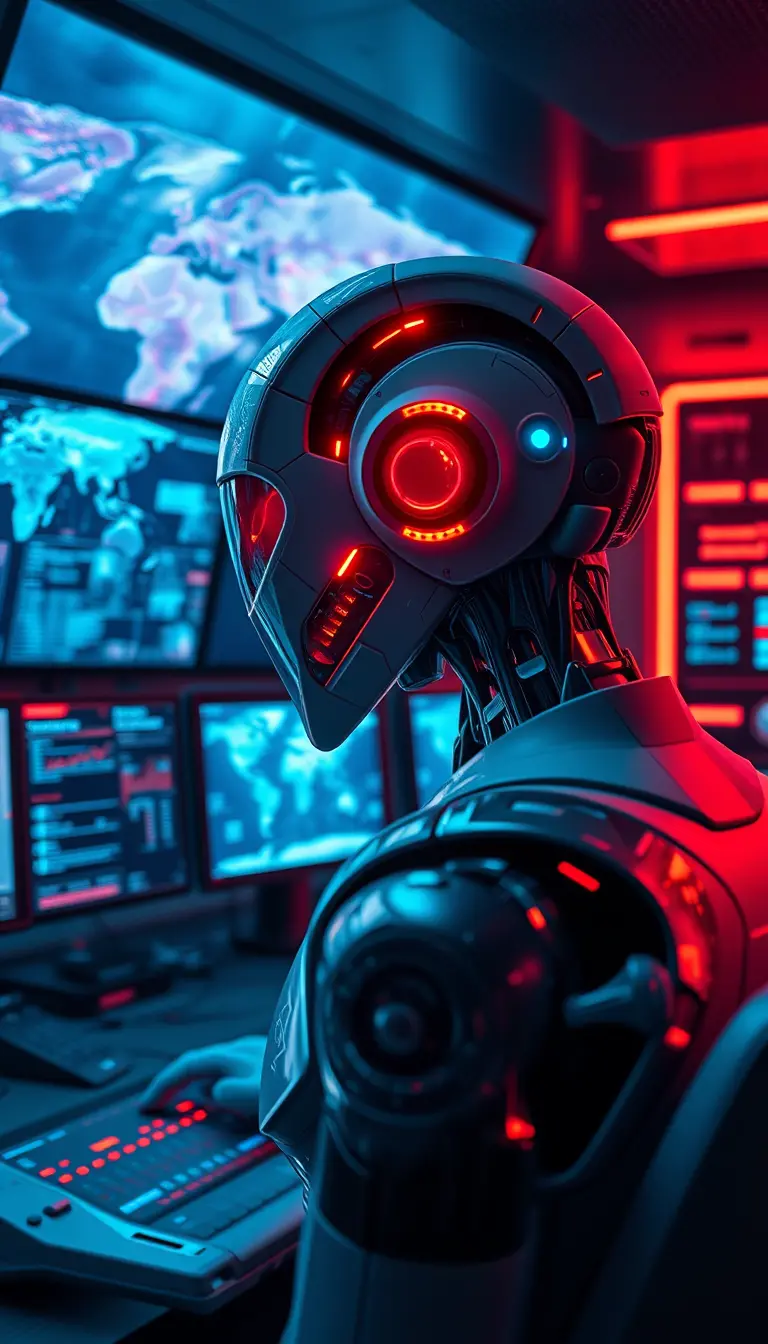 Android In Futuristic Control Room Monitoring Global Data