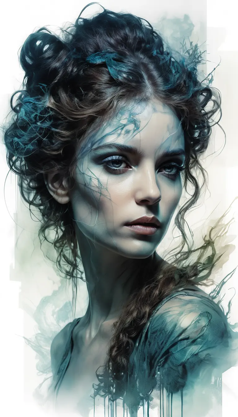 Enchantress double exposure portrait in swirling mystical mist