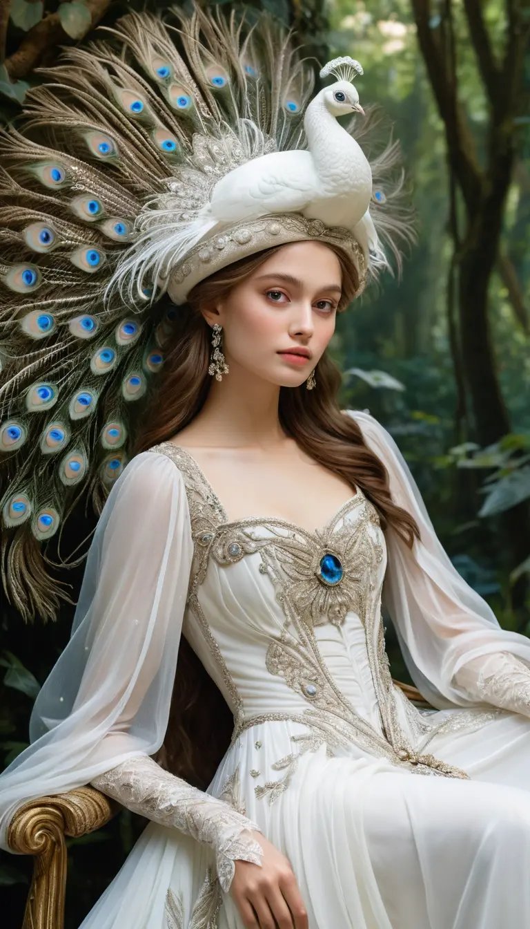 Ethereal princess with white peacock in enchanted forest