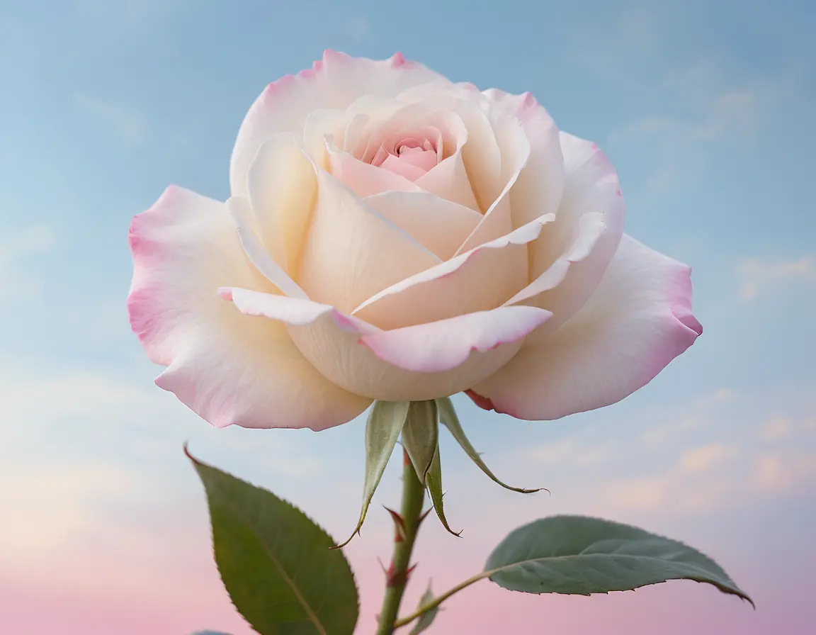 Soft pink rose against tranquil gradient sky background