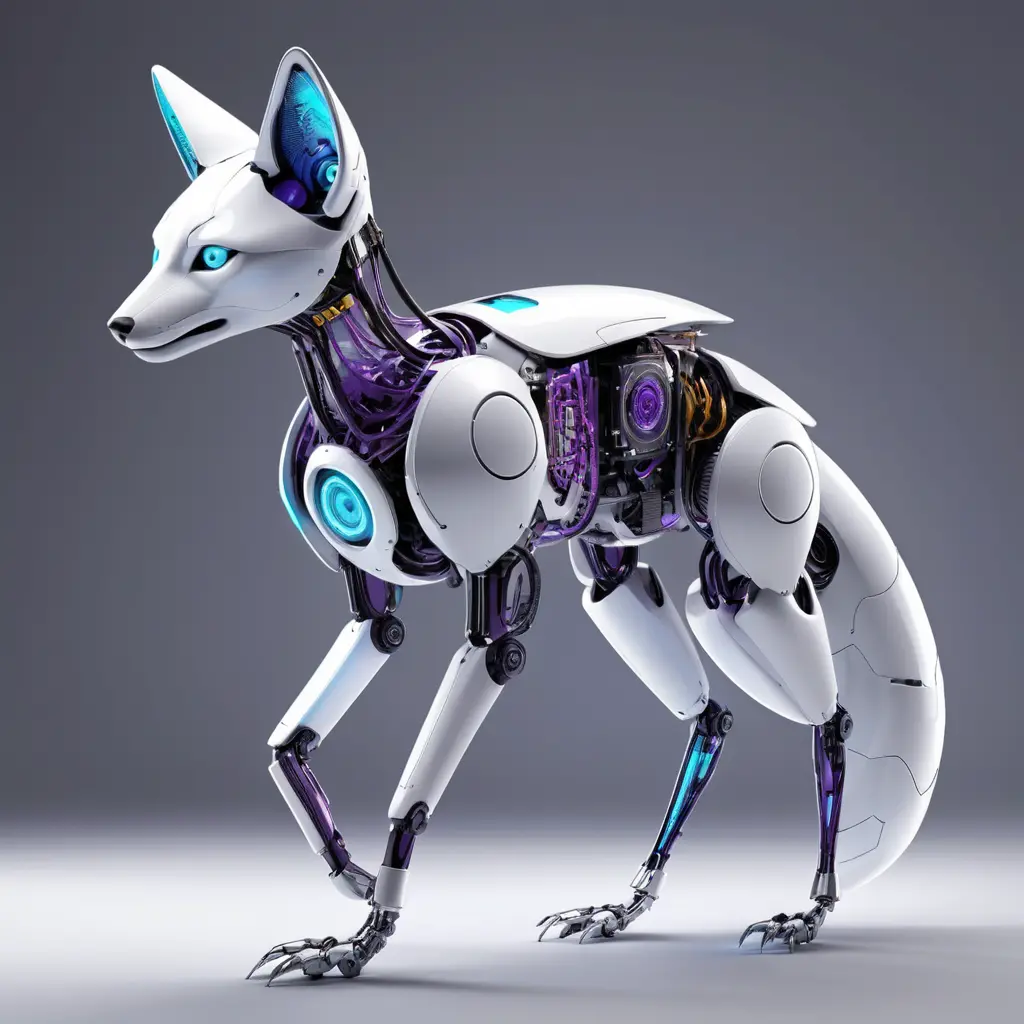 Elegant humanoid fox robot with glowing circuitry