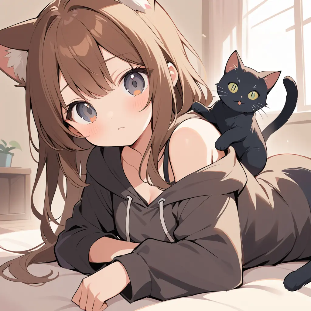 Anime cat girl in black hoodie with pet black cat