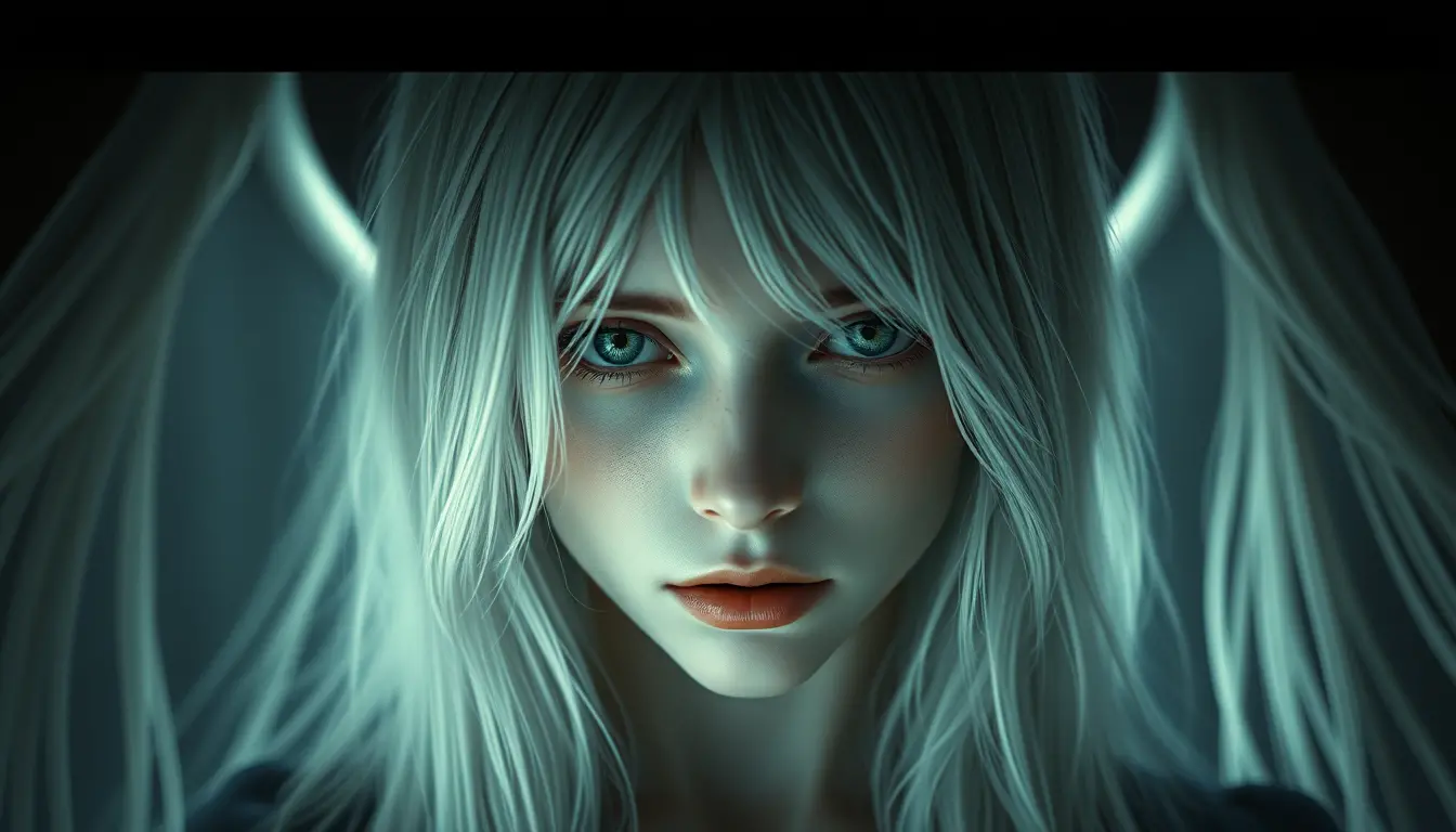 Sorrowful pale girl portrait in ethereal fantasy light