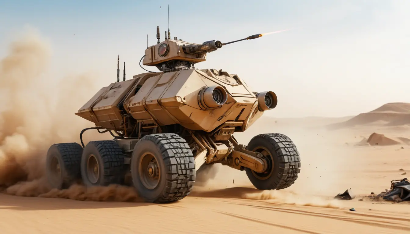 Futuristic six wheeled droid car racing through desert trash