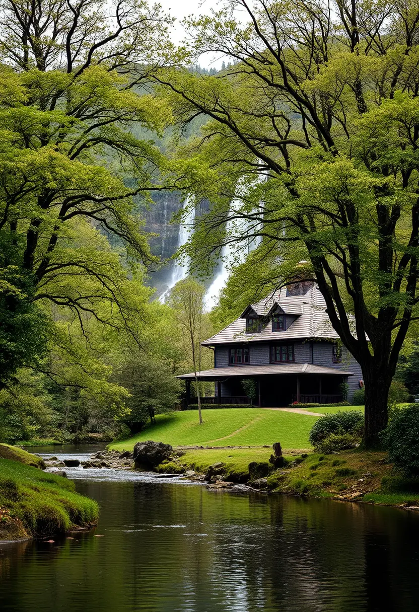 Country house beside calm river and distant waterfall
