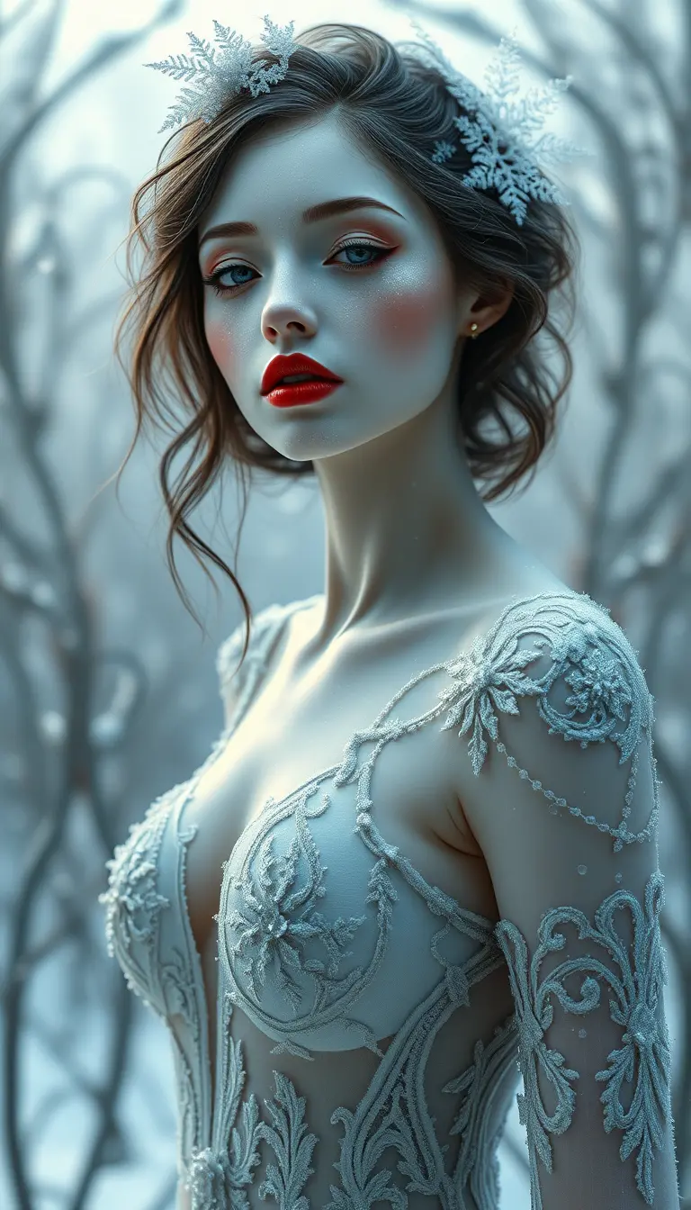 Ethereal icy woman with porcelain skin and red lips
