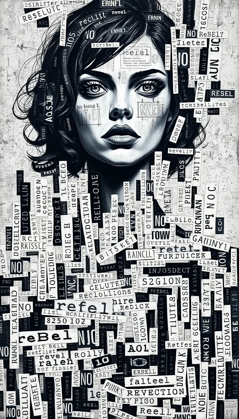 Woman formed from chaotic rebel themed typography collage