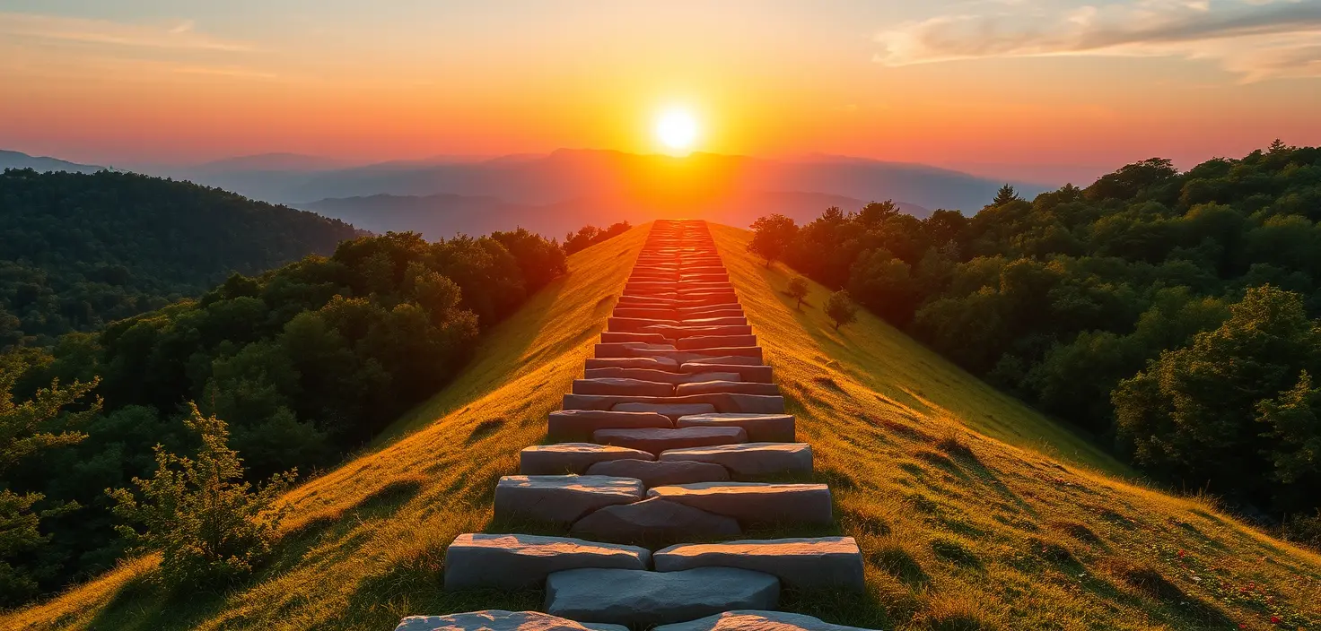 Stone steps rising through a sunlit green forest