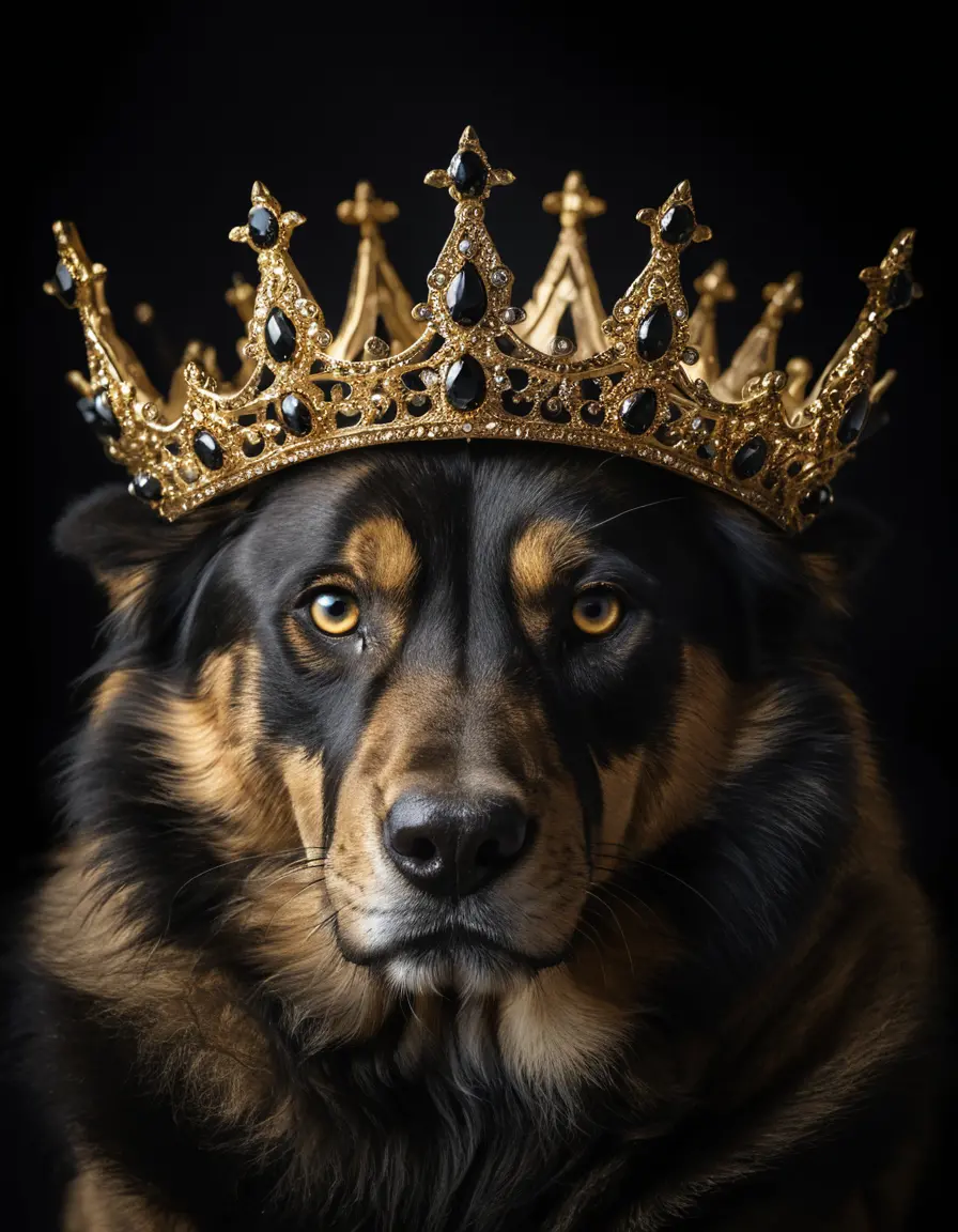 Majestic black crow with golden crown on dark background