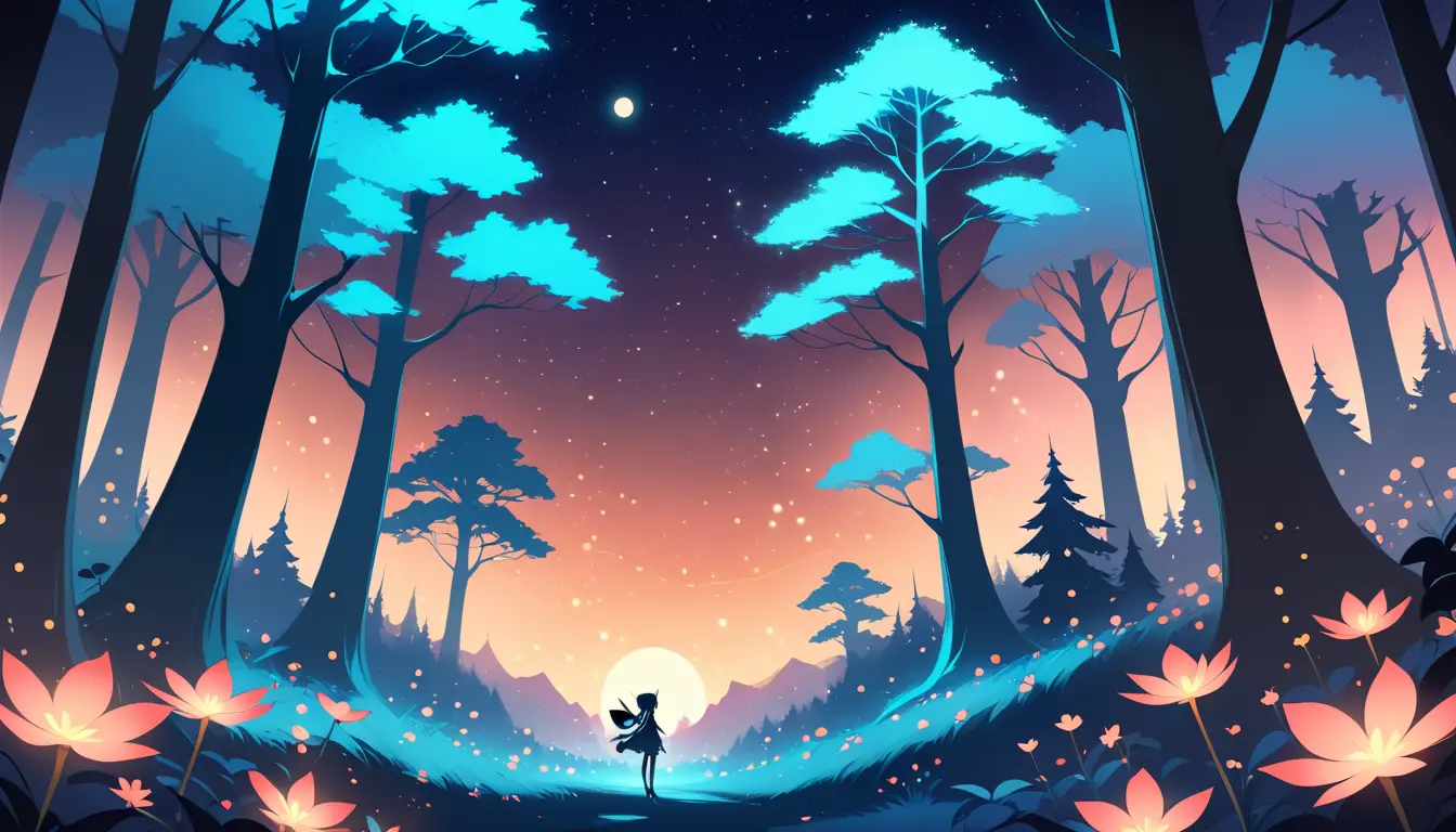 Magical anime forest under moonlight with glowing flowers