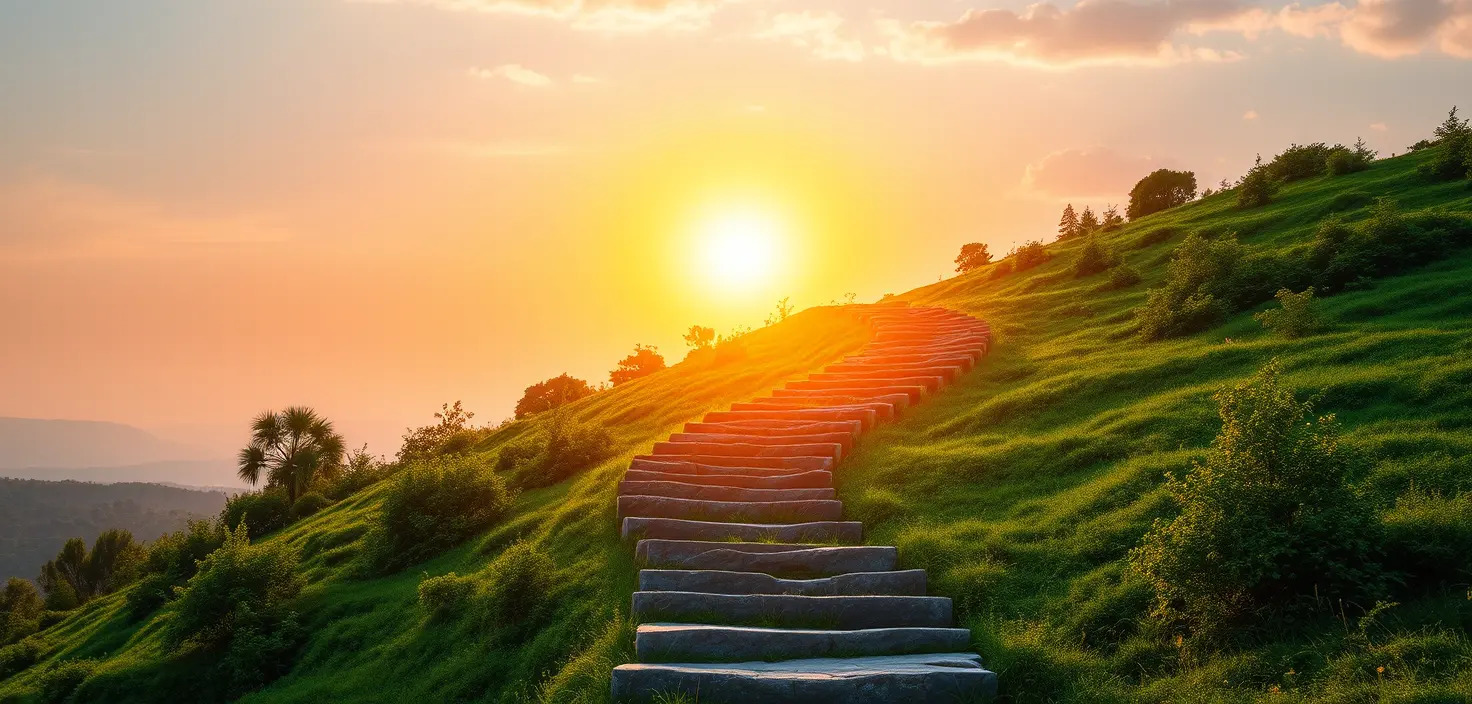 Stone steps rising toward a radiant golden sunrise