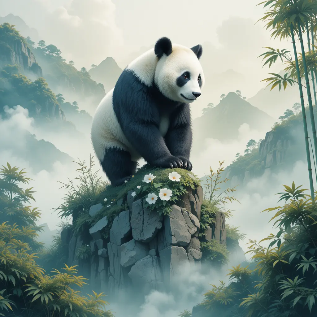 Giant Panda On Misty Mountain In Watercolor Style