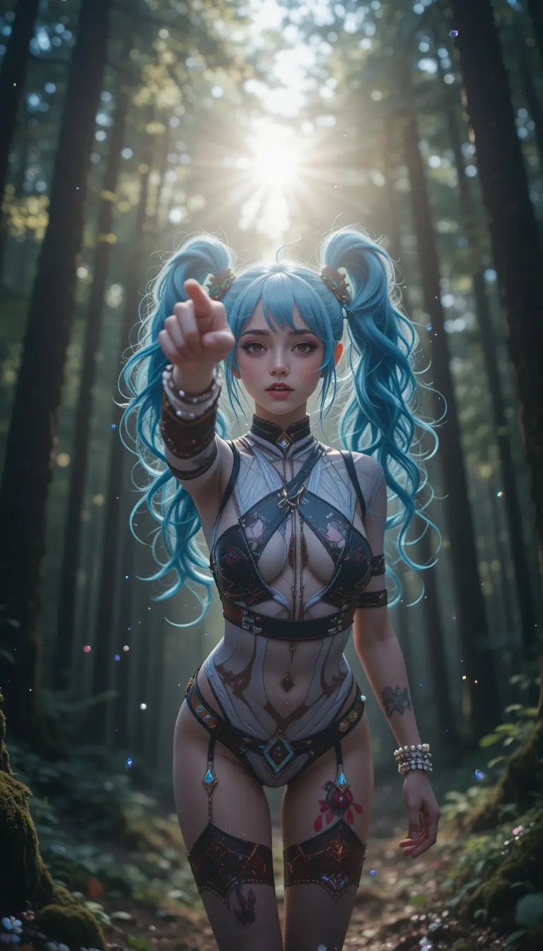 Cute girl in forest captured from low angle view