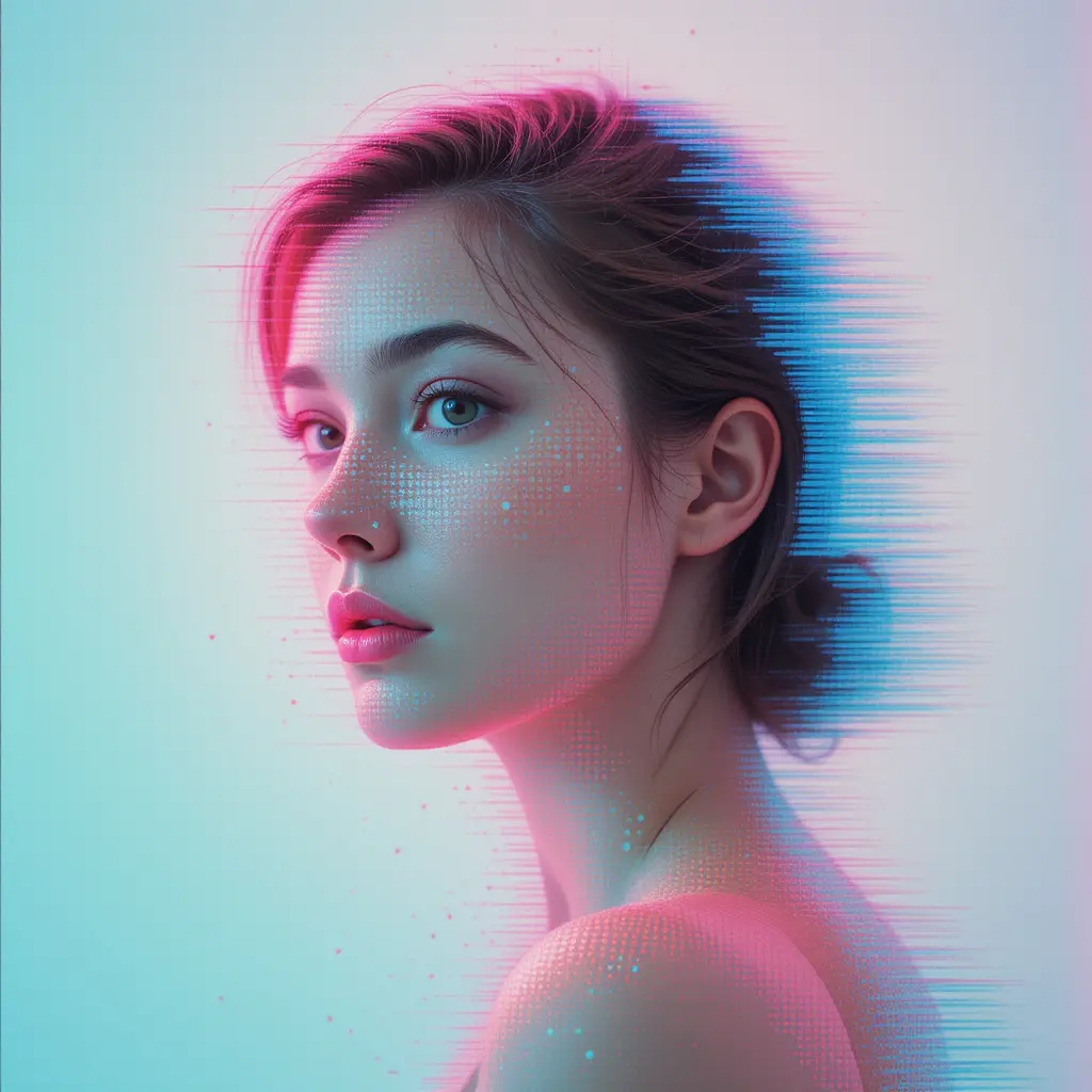 Experimental portrait photograph of a woman in pink and blue
