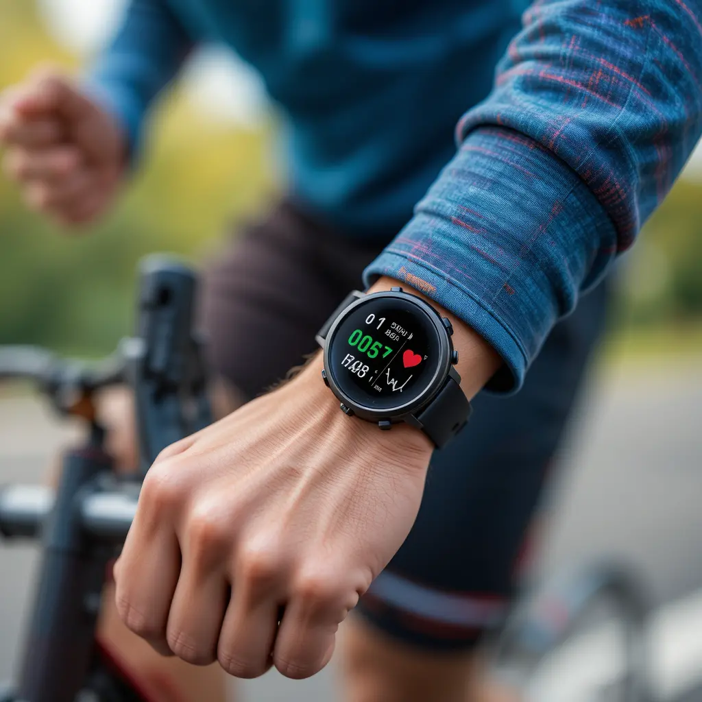 Sport smartwatch close up tracking heart rate in motion